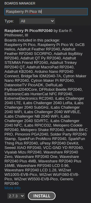 Go to the **Tools** > **Board** > **Board Manager** and install the ***Raspberry Pi Pico/RP2040 by Earle F. Philhower*** board.