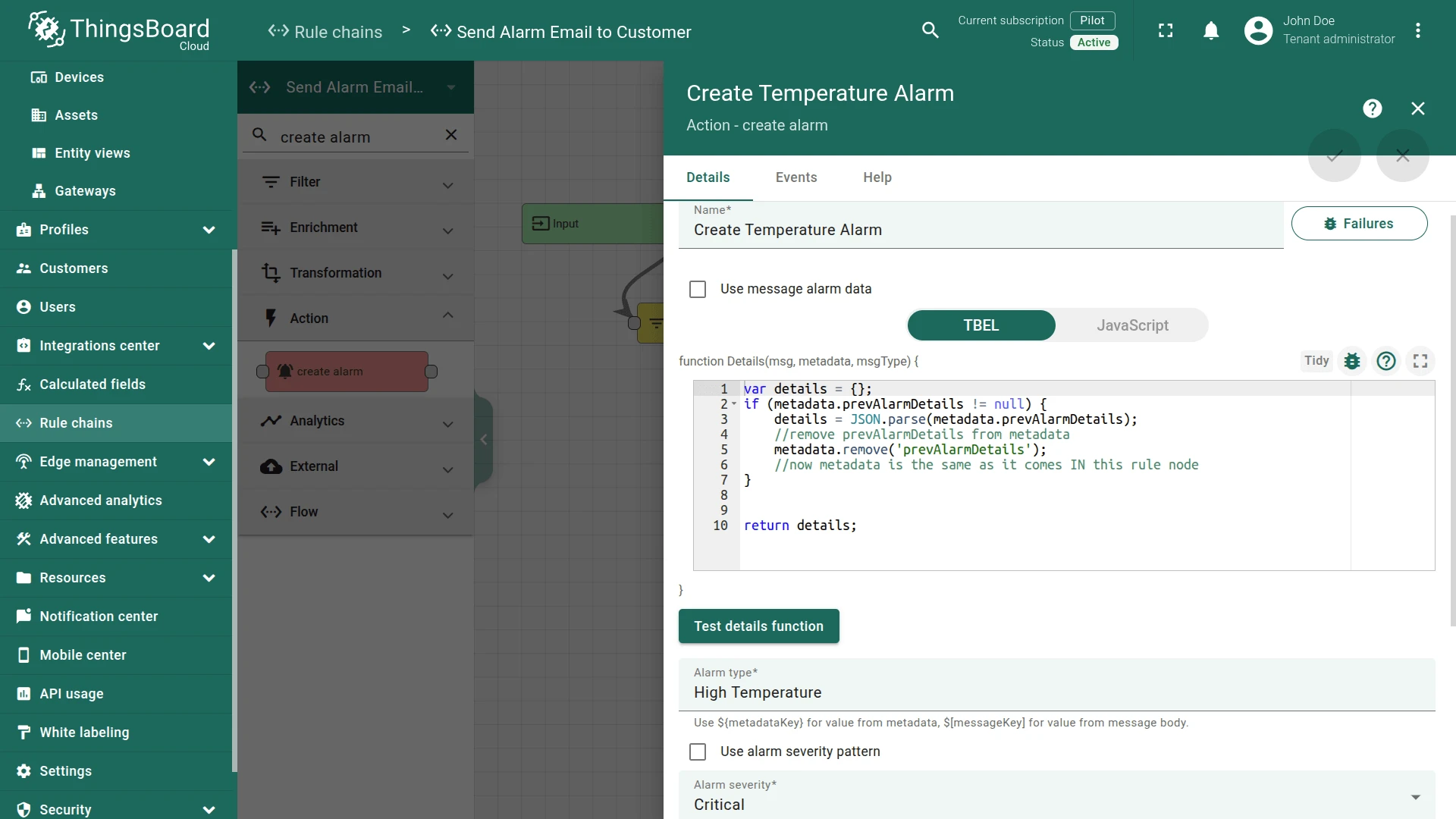 Create Temperature Alarm node configuration