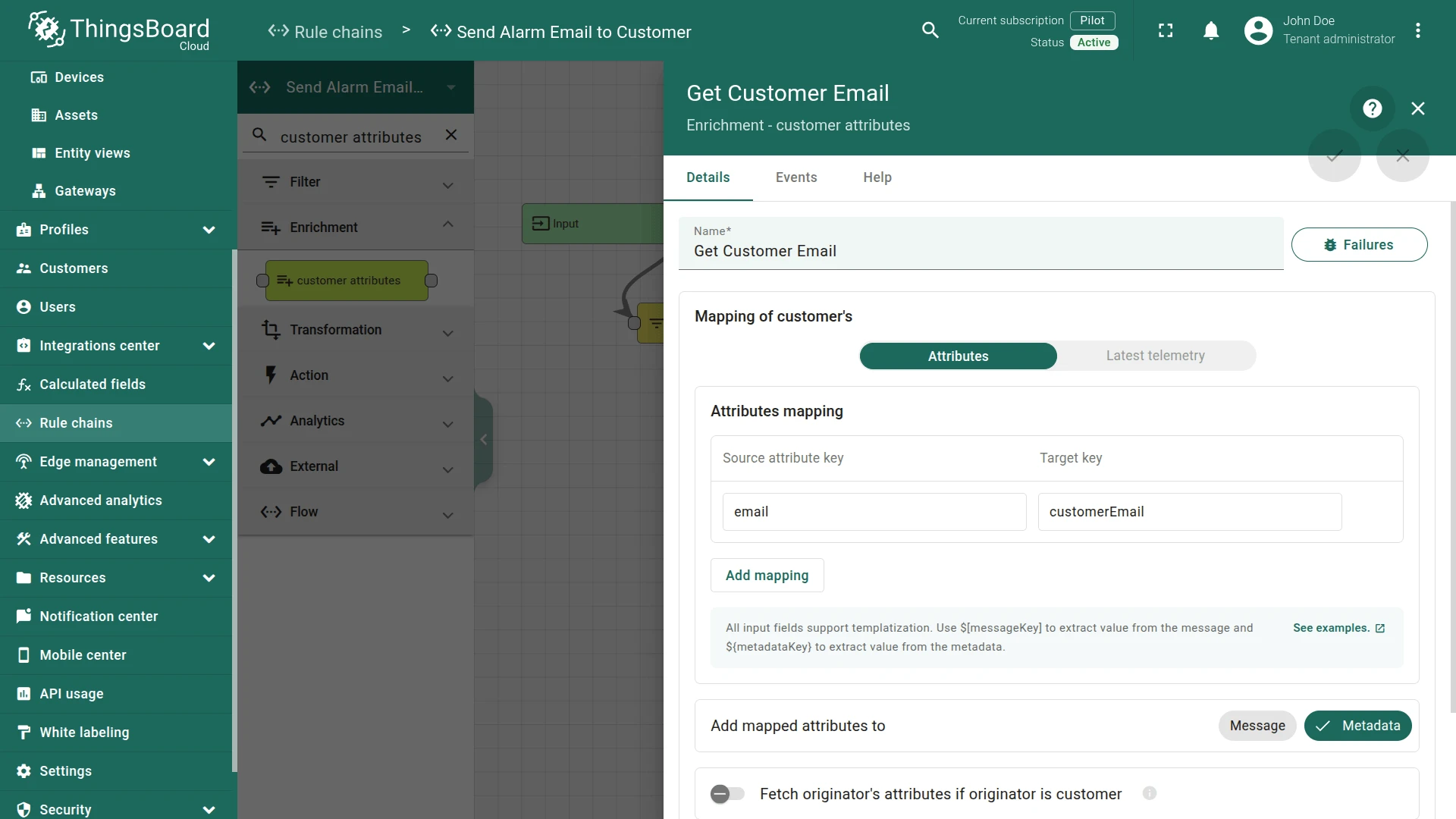Get Customer Email customer attributes node configuration