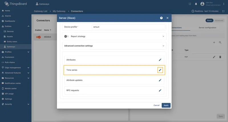 Scroll down to the Attributes or Time series section and click on the Pencil icon