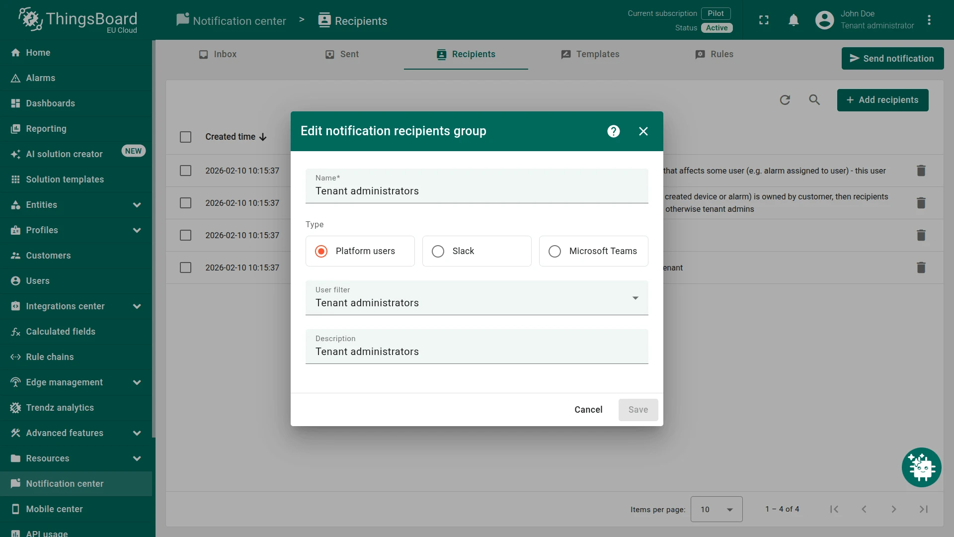 Edit notification recipients group dialog showing the Tenant administrators group with Platform users type and Tenant administrators user filter