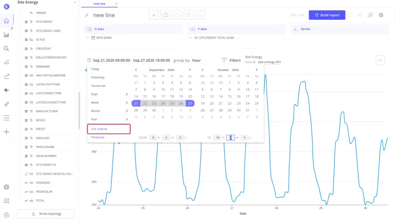 Date picker with the Use relative button highlighted