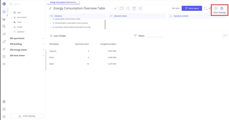 Trendz view editor with View Settings button highlighted