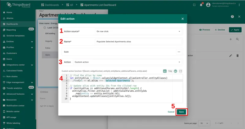 Edit action dialog — Action source: On row click, Name: Populate Selected Entities alias, Action: Custom action, code entered, Save button highlighted