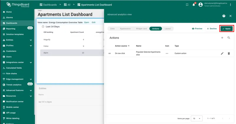 Actions tab showing the action listed, Apply button highlighted