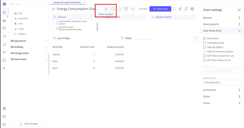 Chart settings with Save changes button highlighted
