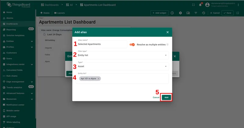 Add alias dialog — name: Selected Entities, Resolve as multiple entities on, Filter type: Entity list, Type: Asset, default entity added