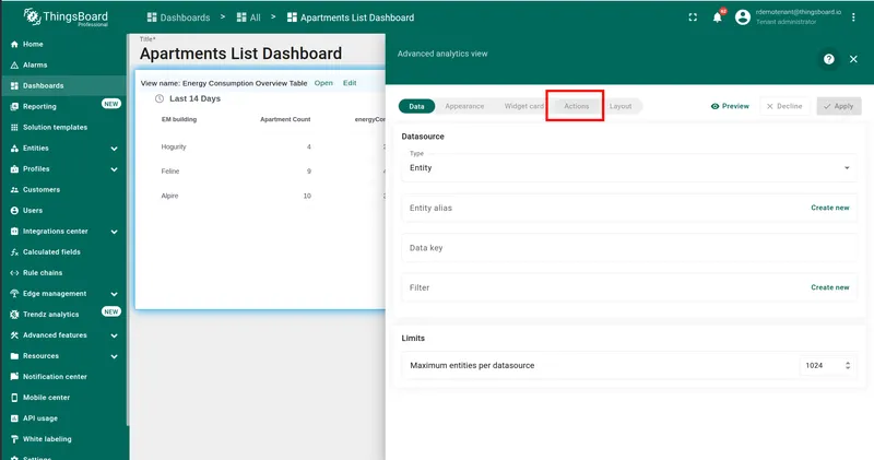 Widget edit panel with Actions tab highlighted