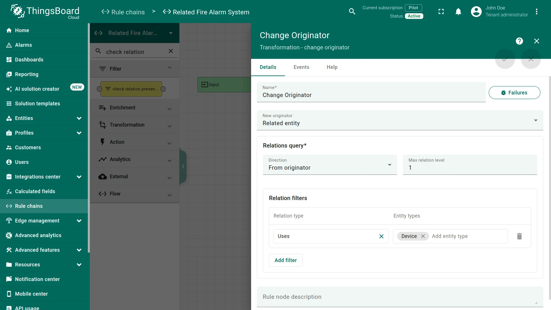 Change originator rule node configuration