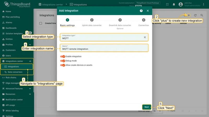 Add integration wizard — step 1: Basic settings — MQTT selected as integration type, name "MQTT remote integration" entered, Next button highlighted