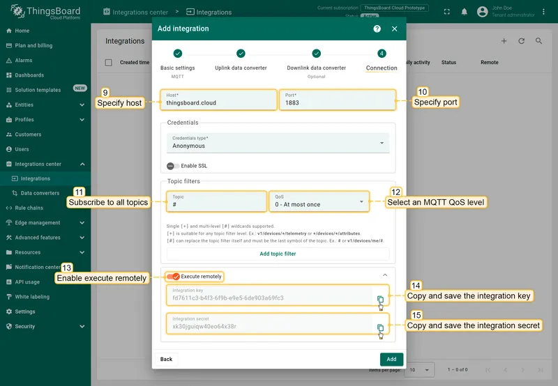Add integration wizard — step 4: Connection — host "thingsboard.cloud", port 1883, topic "#", QoS 0 (At most once), Execute remotely toggle enabled, Integration key and Integration secret fields visible
