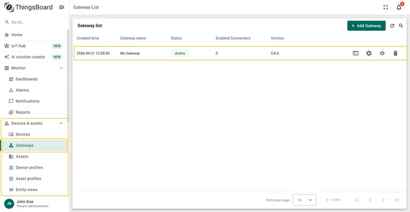 Gateway list with the target gateway selected