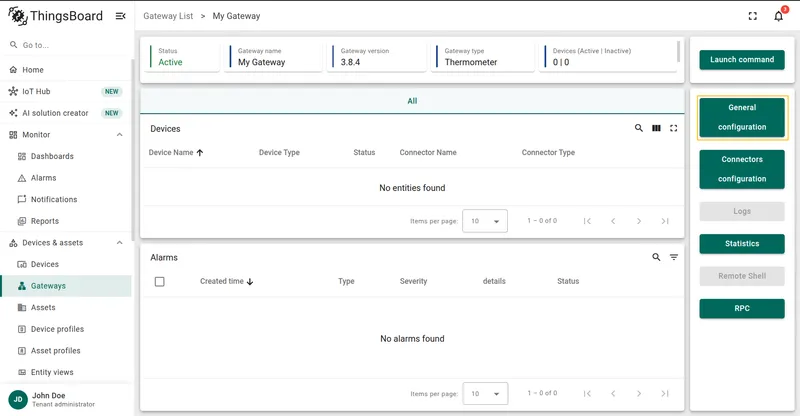 Gateway page with General configuration button highlighted