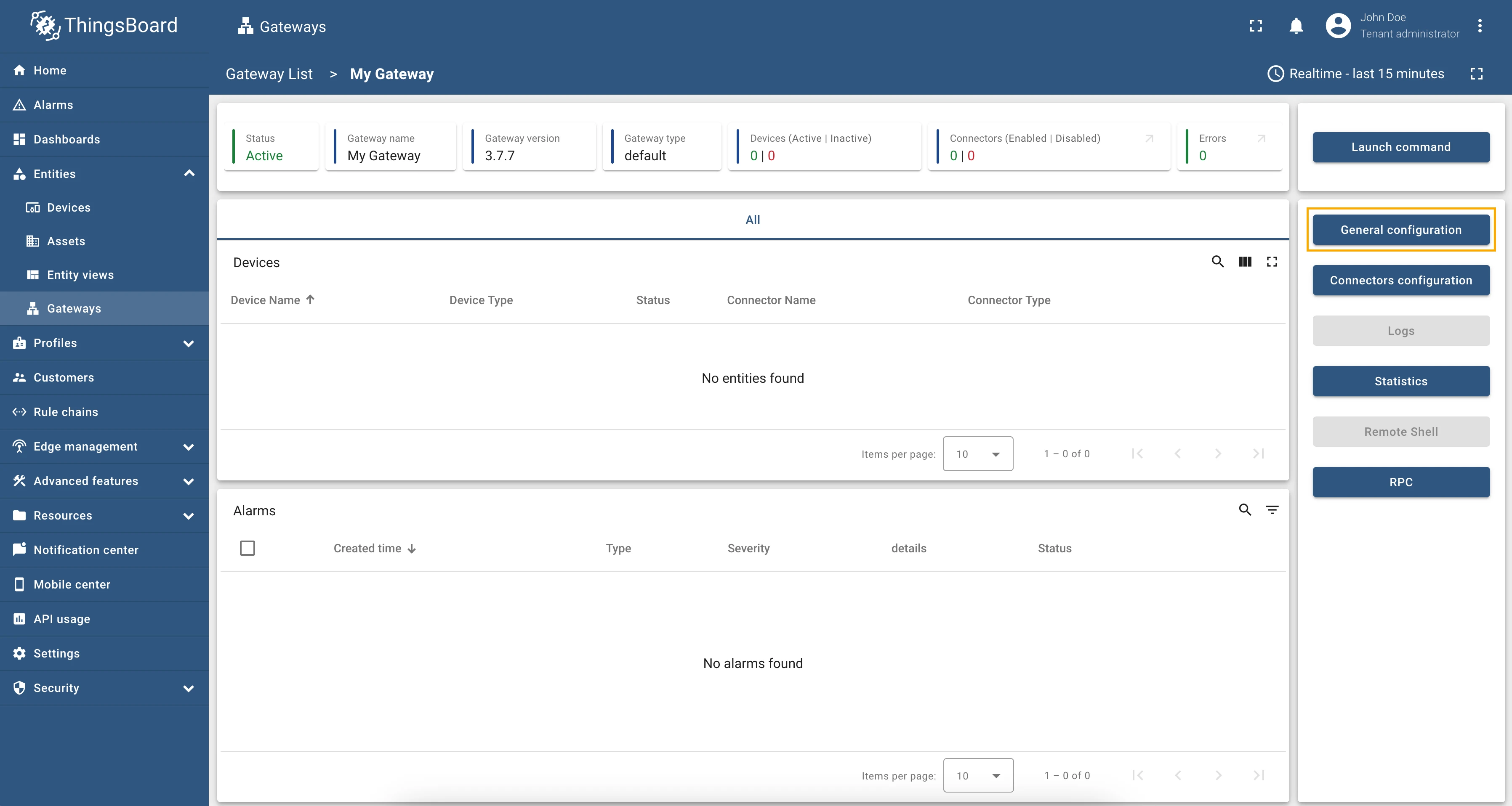 Gateway page with General configuration button highlighted