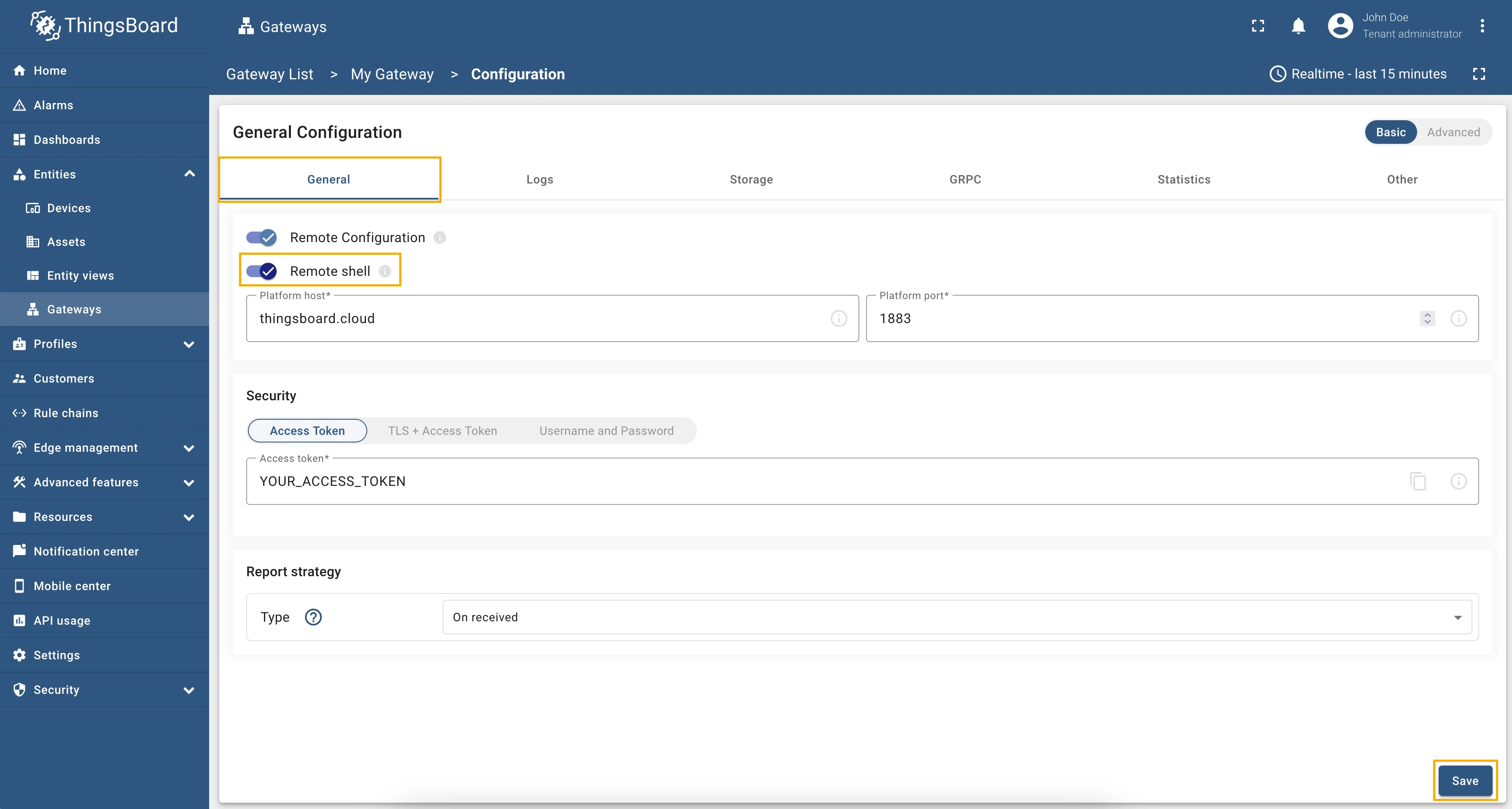 General configuration tab with Remote shell toggle enabled