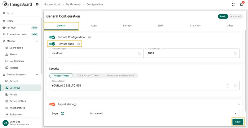 General configuration tab with Remote shell toggle enabled