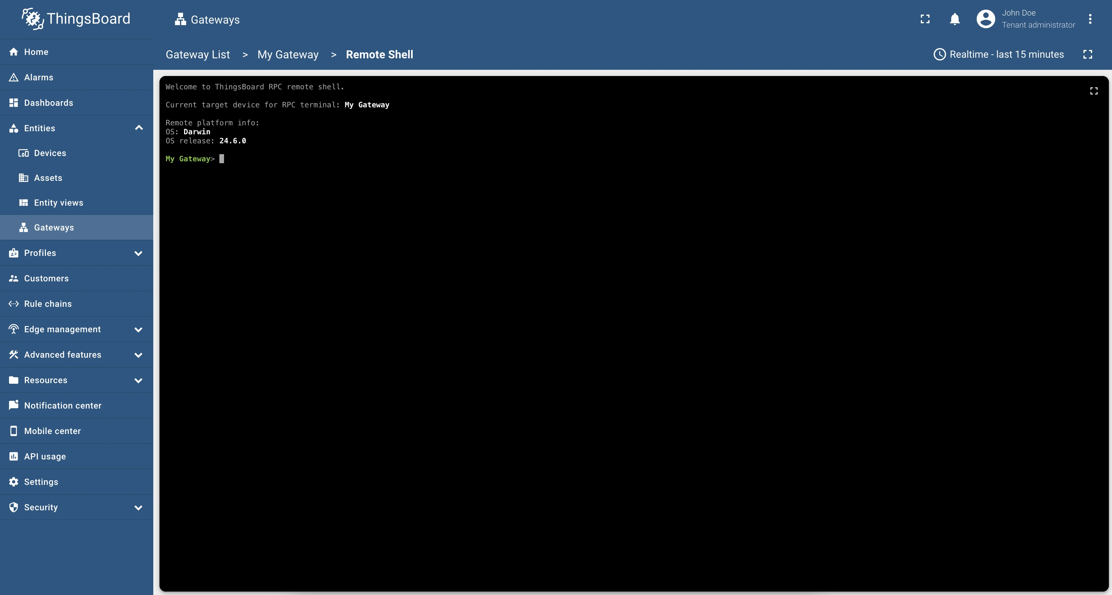 Remote shell terminal interface ready for input