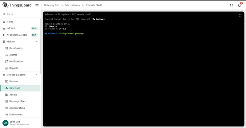 Remote shell terminal interface ready for input