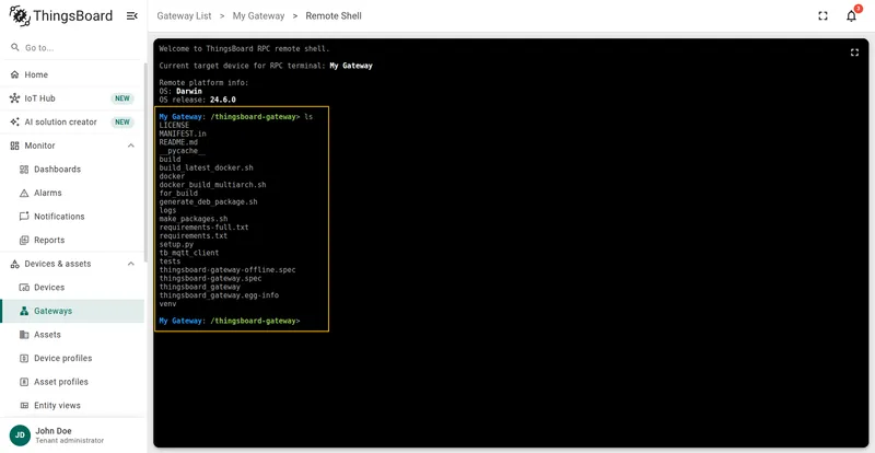Remote shell showing output of the ls command