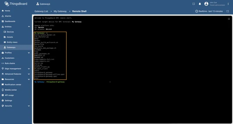 Remote shell showing output of the ls command
