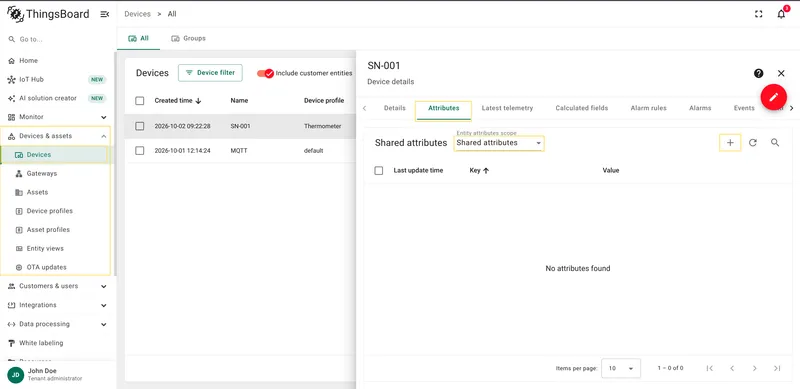Navigate to device shared attributes