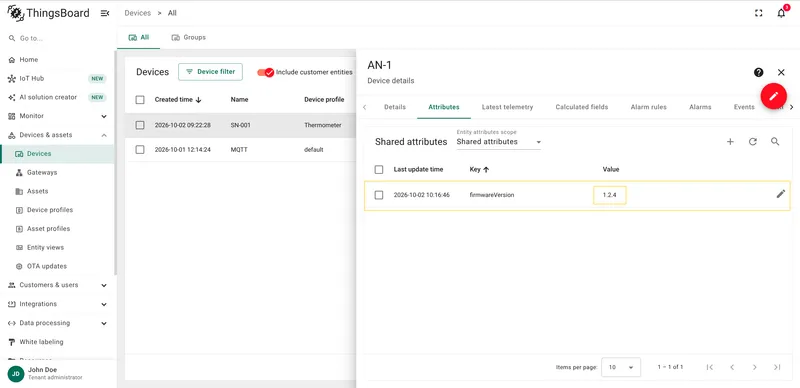 Attribute update published to MQTT topic