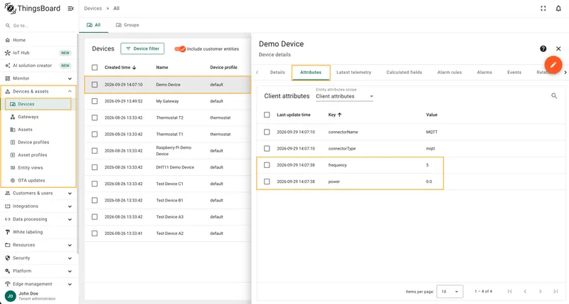 View device attributes on the Attributes tab