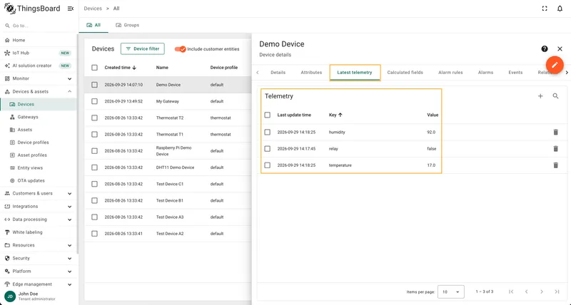 View real-time telemetry on the Latest Telemetry tab