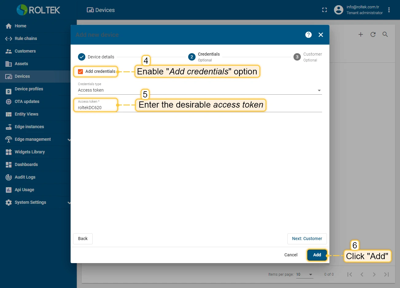 Device credentials dialog with Access Token field