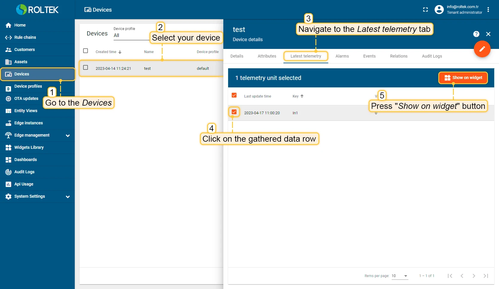 ThingsBoard device Latest telemetry tab with data row selected and Show on widget button