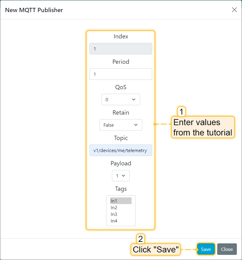 Add MQTT Publisher window with topic, payload, and tag selection
