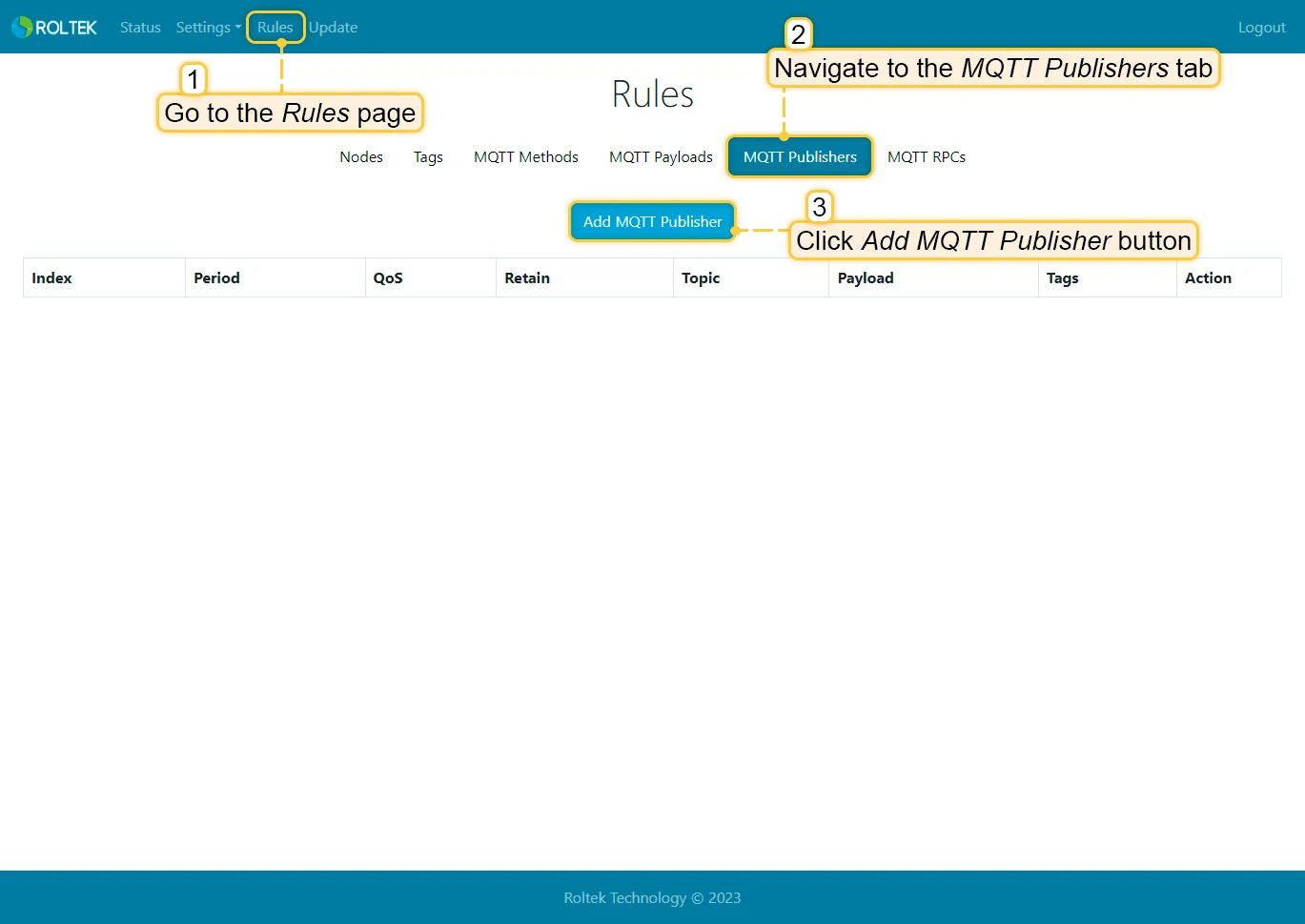 DC620 Rules page MQTT Publishers tab with Add MQTT Publisher button