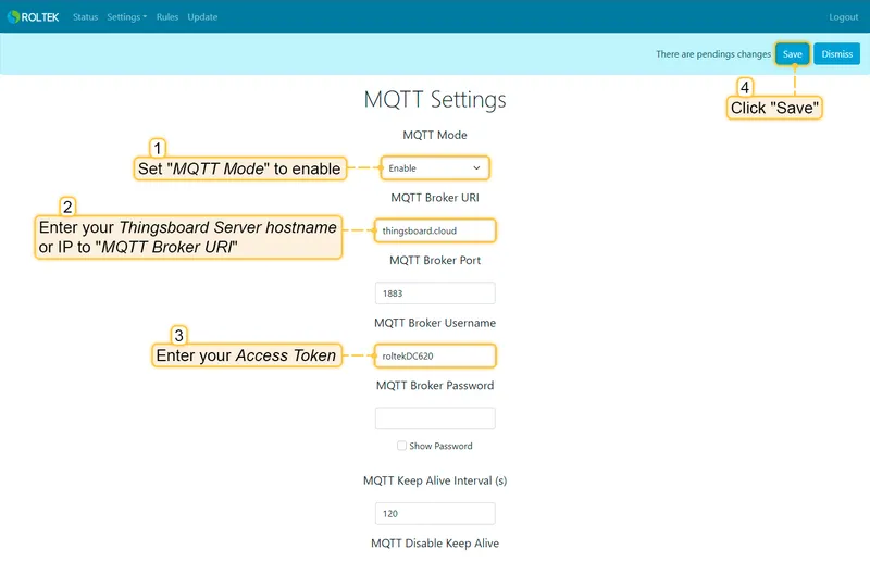 DC620 MQTT Settings page with broker URI and username fields