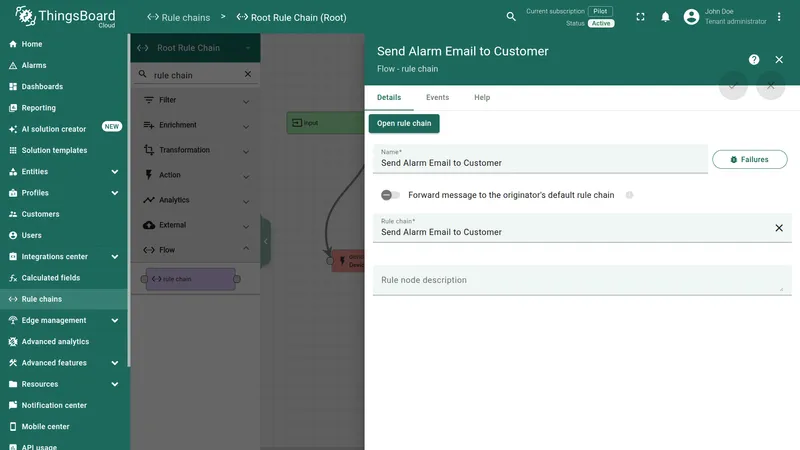 Send Alarm Email to Customer Rule Chain node configuration in Root Rule Chain