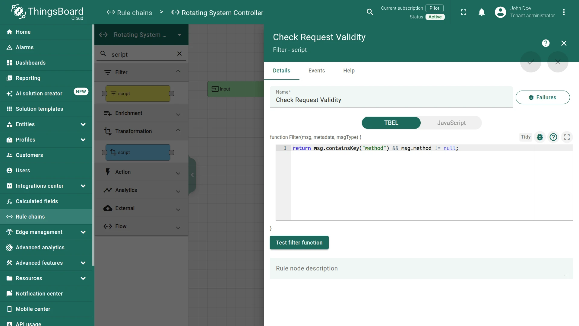 Check Request Validity script node configuration