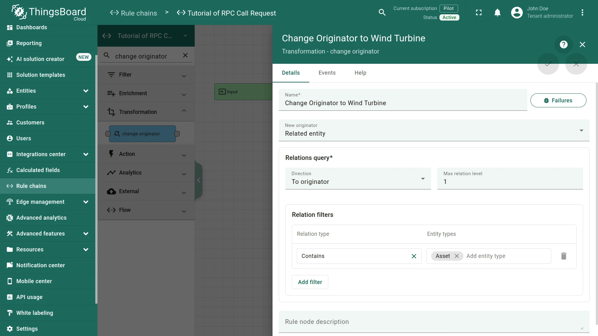 Change Originator to Wind Turbine node configuration