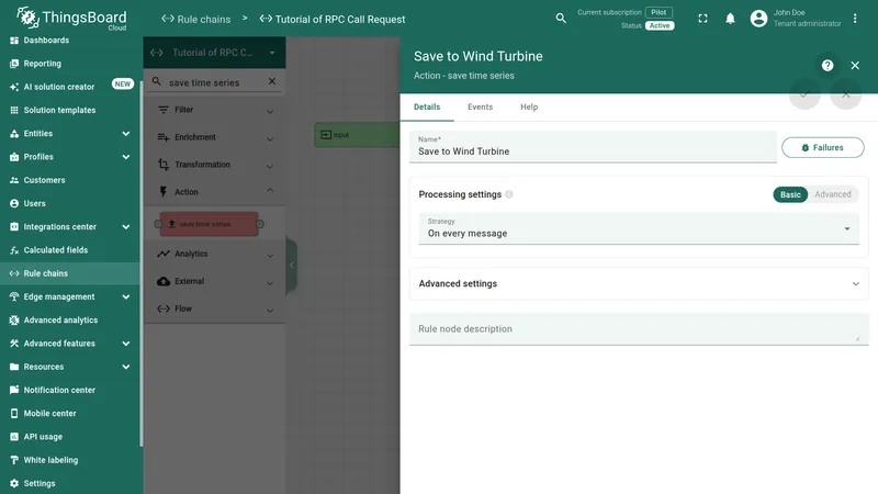 Save to Wind Turbine node configuration