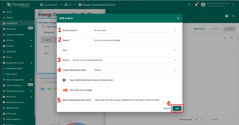 Add action dialog — Action source: On row click, Name: On row click select Building, Action: Update current dashboard state, Target state: default, Set entity from widget enabled, State entity parameter name filled
