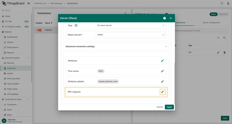 Navigate to the RPC requests section and click the pencil icon