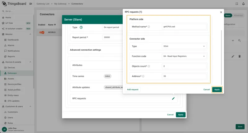 Fill in key, type, function code, objects count and address fields