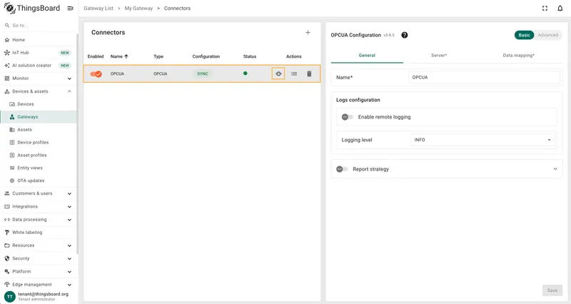 Select OPC-UA connector and click RPC icon