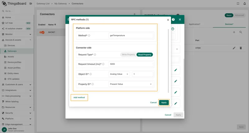 Configure the getTemperature RPC method