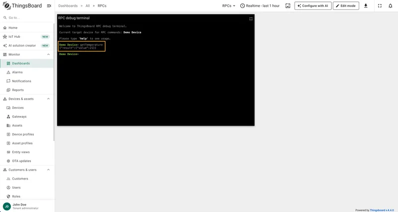 RPC response in the Debug Terminal