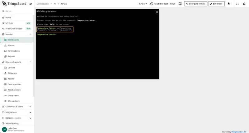 RPC response in the Debug Terminal
