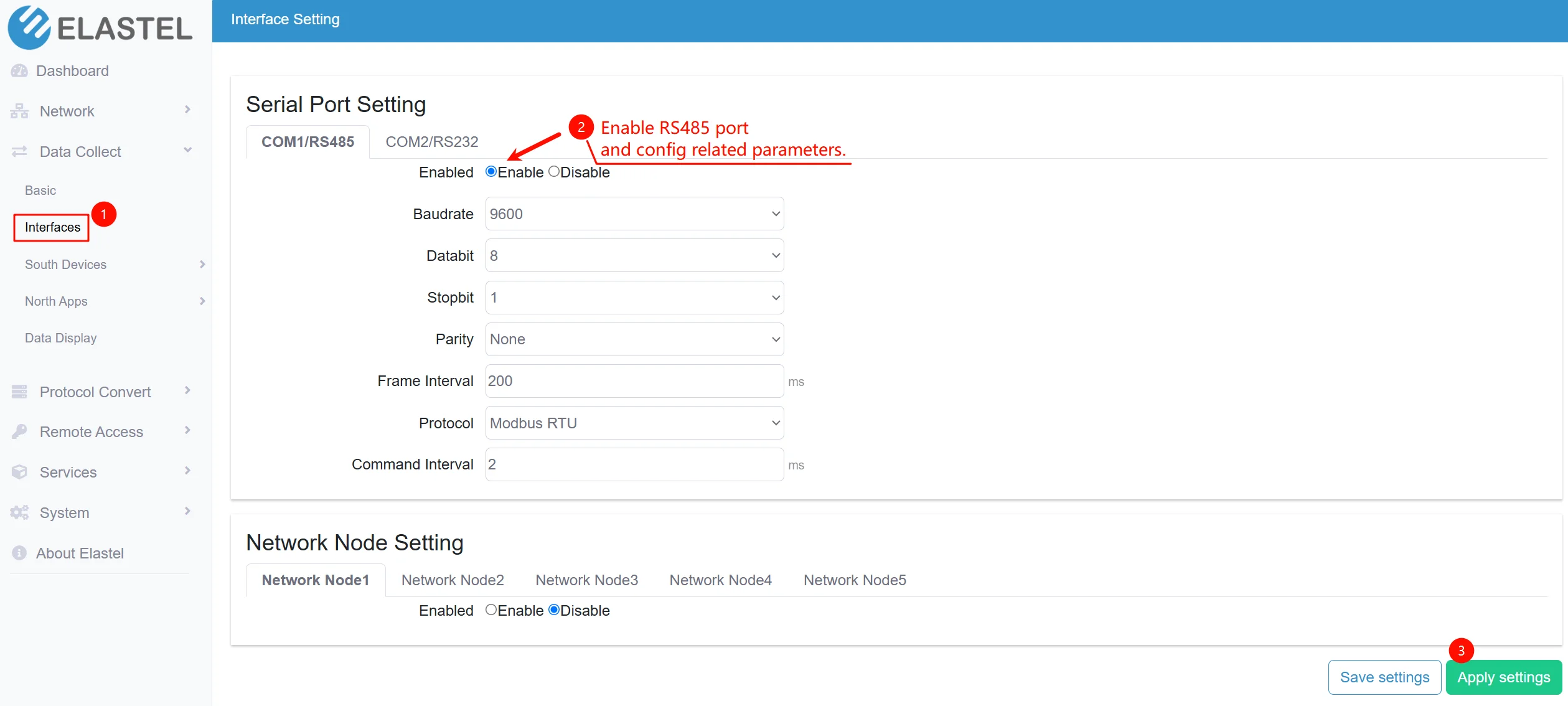 rs485 interface setting