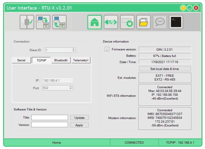 RTU-X Configuration Interface showing connected status