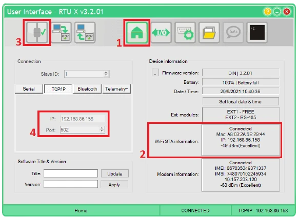 RTU-X Home page showing WiFi STA IP address