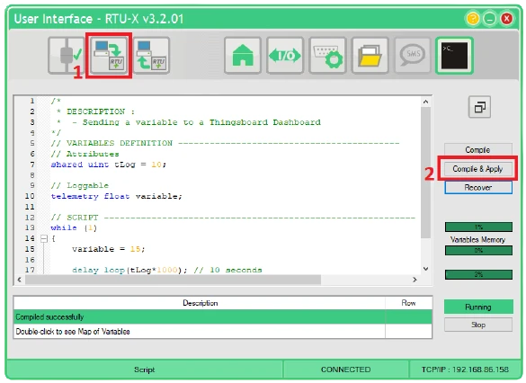 RTU-X script editor with script compiled and applied