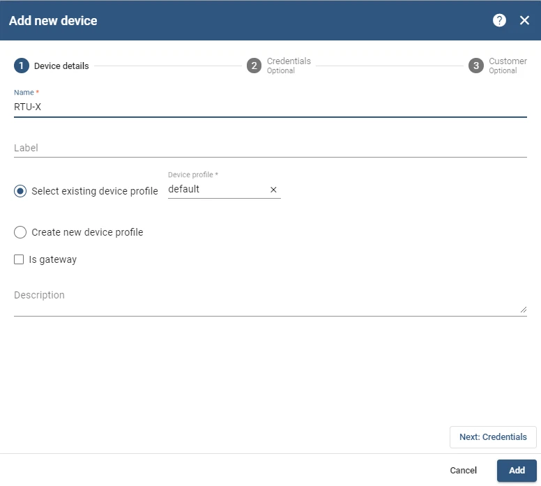 ThingsBoard Devices page adding RTU-X device