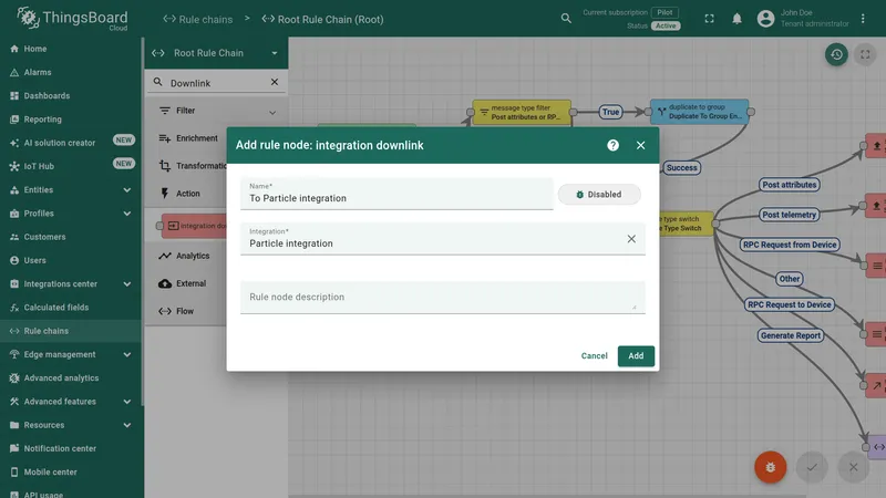 Root Rule Chain editor — Add rule node: integration downlink dialog with Name To Particle integration and Integration set to Particle integration
